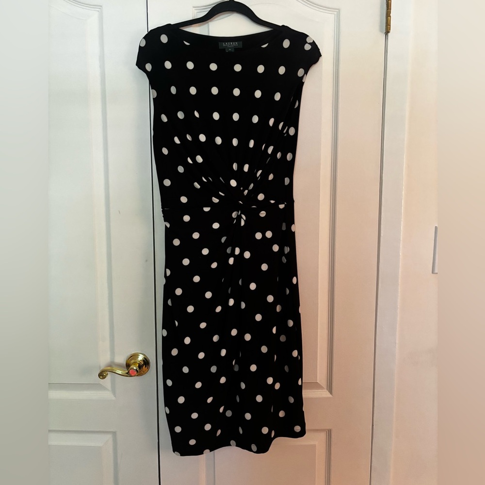 Ralph Lauren ruched midi polka dot knit dress